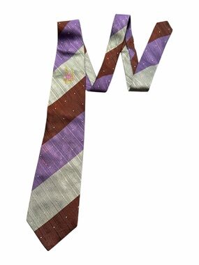 KENZO Striped 100% Silk Tie in Purple, Brown & Silver